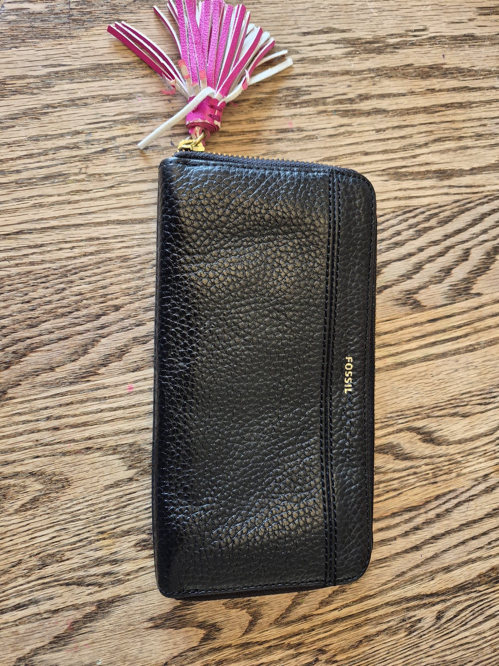 Fossil Black Leather Zip Wallet with Pink Tassel Accent